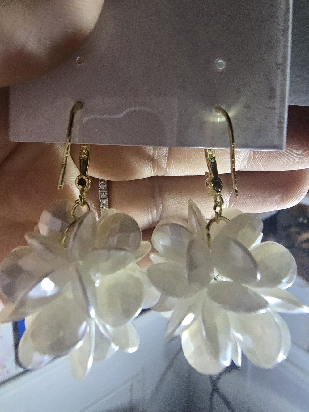 Ivory Clear Flower Cluster Dangle Earrings Gold Tone Rhinestone Statement